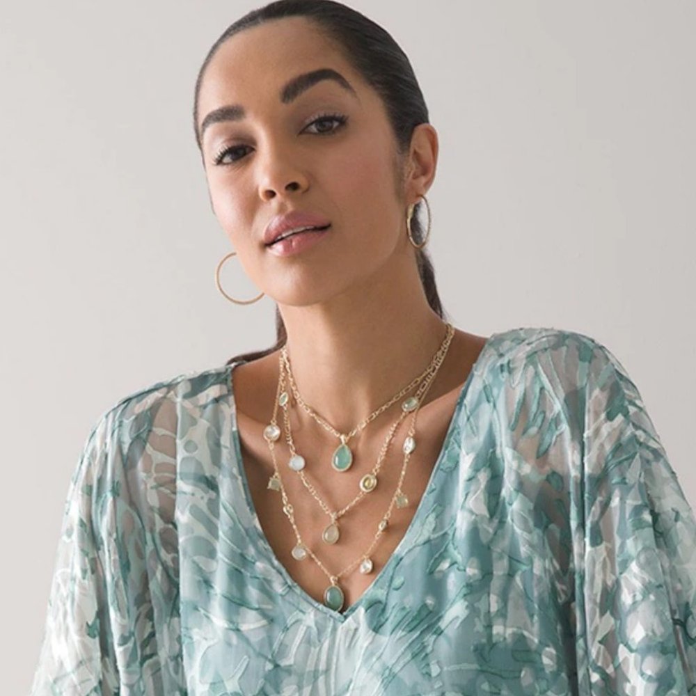 WHBM LAST ONE! Mint & Goldtone Triple Strand Necklace Aqua Color GORGEOUS - Picture 5 of 5